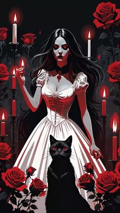 a woman in a white dress standing next to a black cat with red roses around her