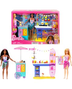 two barbie dolls and a toy ice cream stand