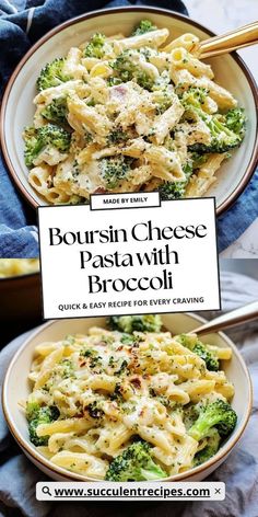 two plates of pasta with broccoli and cheese