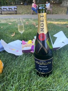 a bottle of champagne sitting in the grass