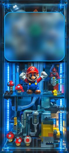 the nintendo super mario bros display case is shown in this image, it appears to be an art piece