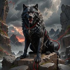 a black wolf sitting on top of a rock next to a red rope with lightning in the background