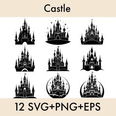 disney castle silhouettes are shown in black and white, with the words castle below them