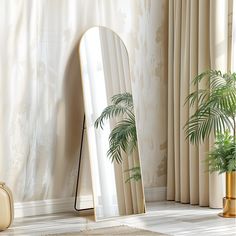 a mirror sitting on top of a wooden floor next to a potted palm tree