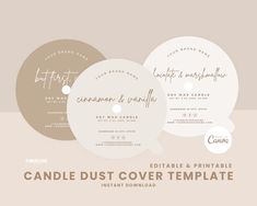 three circular labels with the words candle dust cover template