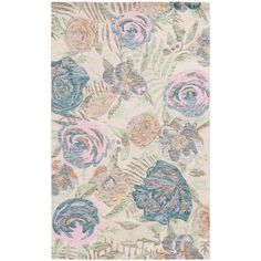 an area rug with flowers and leaves in pastel colors on a white background,