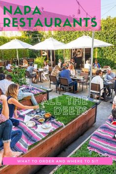 people are sitting at tables with food and drinks on them in front of an outdoor restaurant