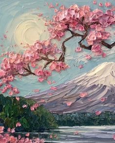 a painting of a mountain with pink flowers in the foreground