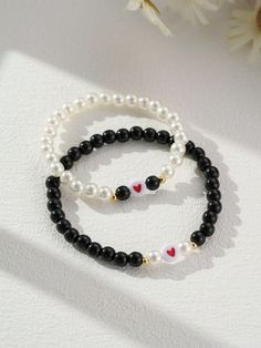 Collar  ABS   Embellished   Women's Fashion Jewelry Cute Couple Beaded Bracelets, Matching Pearl Bracelets, Black Braclet Ideas, Couple Bracelets Beaded, Handmade Jewelry For Boyfriend, Bracelet To Make For Boyfriend, Simple Matching Bracelets, Bracelet Ideas Bf And Gf, Matching Handmade Bracelets