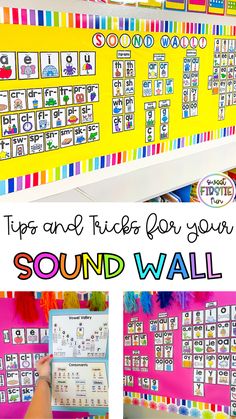 a colorful bulletin board with words and pictures on it that says, tips and tricks for your sound i wall