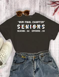 Celebrate the milestone moment with "Our Final Chapter" Senior 2024 custom shirt, specially designed for the graduating class of 2024. This personalized shirt is a perfect keepsake for high school seniors, whether you're celebrating college acceptance, high school graduation, or simply creating memories with friends. Stand out in style with this unique class of 2024 shirt, commemorating your last year of high school and the exciting journey ahead. Get your hands on this custom graduation tee and mark this momentous occasion in a special way. Thank you for your time, I sincerely appreciate it! Senior Design Shirts, Senior Shirts Ideas 2025 Diy, High School Senior Shirts Design, School Spirit Letter Print Tops For Graduation, School Spirit Tops With Letter Print For Graduation, Seniors T Shirts Design, Class Tshirt Ideas, High School Senior Poster Ideas, Class Of 2026 Shirt Ideas