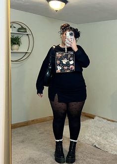 Band Tee With Skirt Outfit, Doc Marten Club Outfit, Plus Size Knee High Socks Outfits, Skort With Tights, Christmas Alternative Outfit, Plus Size Thigh High Socks Outfit, Maxi Skirt With Doc Martens, Black Skirt Plus Size Outfits, Size 8/10 Women Outfits