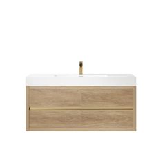 an image of a bathroom vanity with two drawers and a gold faucet on top