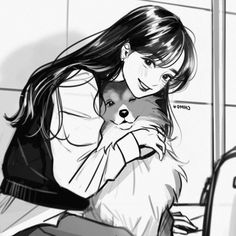 a drawing of a woman holding a dog in her lap and looking at the camera