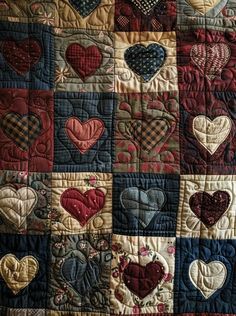 a quilt with many hearts on it