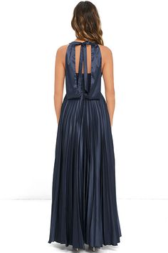 Epic Night Navy Blue Satin Maxi Dressat Lulus.com! Chic Blue A-line Pleated Dress, Blue Tie-back Midi Dress For Formal Occasions, Formal Blue Midi Dress With Tie Back, Chic Blue Dress With Tie Back, Chic Blue Tie-back Dress, Satin Dress With Pleated Back For Date Night, Blue Midi Dress With Pleated Back, Blue Evening Dress With Pleated Back, Elegant Blue Midi Dress With Tie Back