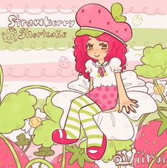 strawberry shortcake is sitting on the ground with her legs spread out and feet crossed