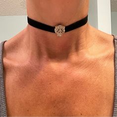 Black Velvet Choker With Gold Metal Clasp. Gold Cheetah Head Is Embellished With Black And Clear Rhinestones. Choker Part Is 11” In Length But Necklace Is 14” In Total With Section Of Clasp And Chain Factored In. New. Choker, Venus Jewelry, Black Velvet Choker, Velvet Choker, Clear Rhinestones, Black Velvet, Womens Jewelry Necklace, Gold Metal, Gold Jewelry