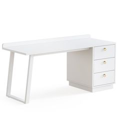 a white desk with three drawers and two handles on the top, in front of a white background