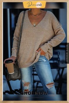 Plain V Neck Knitted Casual Sweater Apricot Sweater, Casual Sweater, Casual Sweaters, V Neck Sweater, Ripped Jeans, Apricot, Summer Vibes, Neck Sweater, Casual Style