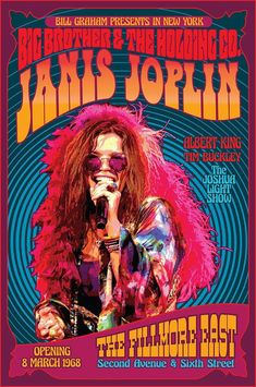 an advertisement for the fillmore east concert, featuring janis joplinn and his band