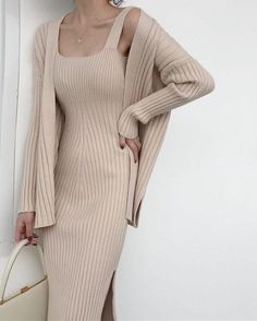 Khaki Long Sleeve Cardigan + Suspenders Sweater Vest Dress



Measurement In CM




Size
Bust（CM)
Waist（CM)
Length（CM)
Shoulder width（CM)
Sleeve Length（CM)




Coat
82-100

60

60


Dress
88-96

100






















1 inch = 2.54 CM, 1 CM = 0.39 inch

Knitted fabric, the elasticity is very big, please rest assured to buy Two Piece Runway, Vinter Mode Outfits, Corp Perfect, 60 Dress, Winter Mode Outfits, Long Knitted Dress, Beige Outfit, Drawstring Dresses, Runway Dresses