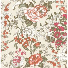 a floral wallpaper with red, white and green flowers on it's sides