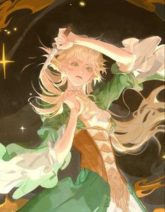 a woman with long blonde hair and green dress standing in front of a star filled sky