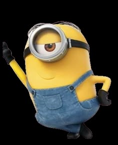 a cartoon minion is holding his hand up in the air while wearing overalls