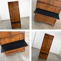 four different views of a wooden desk with black top and bottom drawers, side by side