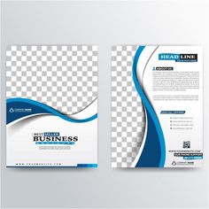 a blue and white business brochure with checkered background