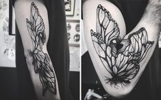 two pictures of the same tattoo on one arm and another with an image of a butterfly