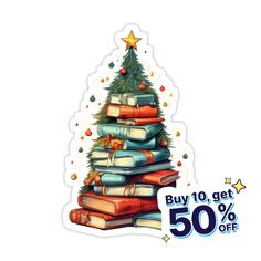 a christmas tree made out of books with the words buy 10 get 50 % off