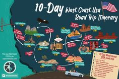 the 10 - day west coast usa road trip itinerary map is shown in red, white and blue