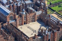 an aerial view of a large brick building