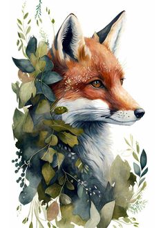 a watercolor painting of a fox surrounded by leaves