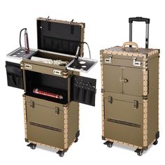 Available for pre-order with limited stock. ETA Jan. 31Pre-Order Now!!! First Reserve by Early Checkout!You can cancel your preorder and get a refund at any time prior to shipment.Brand New 15.5x10x32.5" Bronze Rolling Hair Stylist Barber Makeup Train Case. Perfect for makeup artists and hairdressers. It features a large mesh bag under the top lid and a large bottom compartment is great for bottles, hair dryer, curling iron and so on. Moreover, key lock design ensures the security of your person Rolling Makeup Case, Hair Irons, Makeup Stylist, Salon Makeup, Classic Makeup, Makeup Train Case, Makeup Training, Salon Business, Makeup Salon