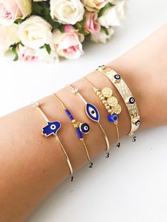 Evil Eye Jewelry Bracelet, Gold Evil Eye Jewelry, Blue Hamsa, Bracelet Evil Eye, Sterling Silver Toe Rings, Hamsa Bracelet, The Bangles, Silver Toe Rings, Greek Jewelry