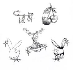 an ink drawing of some strange things on a white background, including apples and rabbits