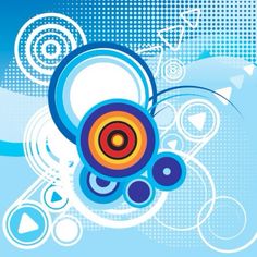 an abstract blue and white background with circles, dots and swirls on the side