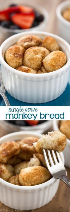 two pictures showing the process of making monkey bread in a baking dish with a fork