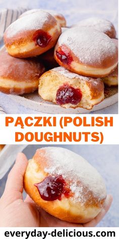 two pictures show pastries with powdered sugar on them and the same one showing doughnuts