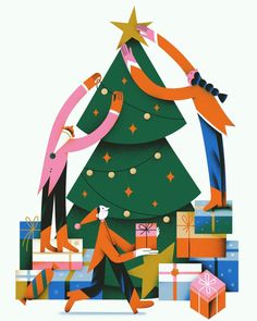 an illustration of two people decorating a christmas tree with presents on the floor and gifts under it