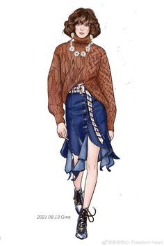 a drawing of a woman wearing a brown sweater and blue skirt with high heeled boots