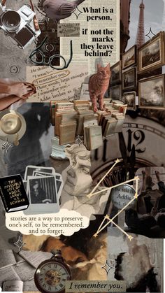 collage of images with words and pictures on them, including an image of a cat