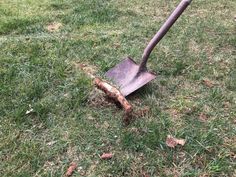 a shovel is stuck in the ground with grass