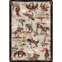 a rug with cowboys on horses and cactus trees in the background, including two men riding horses