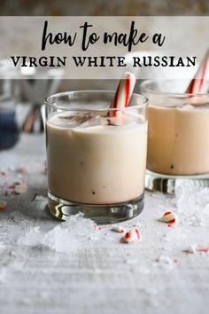 peppermint white russian cocktail in glasses with candy canes and crushed sugar on the side