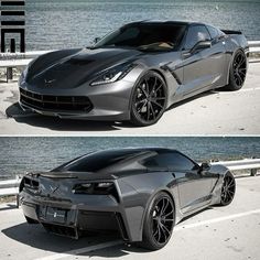 two pictures of the same sports car in different stages of being painted silver and black