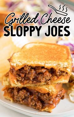 two grilled cheese sloppy joes stacked on top of each other with text overlay